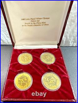 1980 China Lake Placid Winter Olympic Piefort Set 4 Coins 1 Yuan withCOA & Box