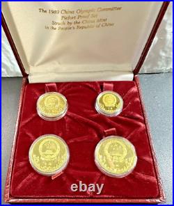 1980 China Olympic Committee Piefort Proof Set 4 Coins 1 Yuan withCOA & Box