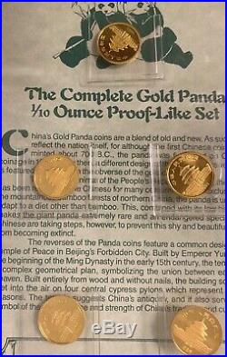 1982-1987 (7) 1/10 oz Coin Set, The Gold Pandas of China in OGP with COA