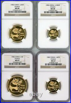 1982 4-COINS GOLD SET 1 1/2 1/4 1/10 Oz. Chinese PANDA NGC MS68 / MS67 CHINA