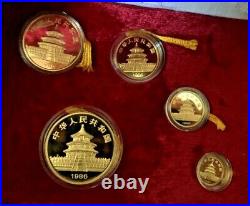 1986 China Gold Panda Proof Set, 5 Coins withBox and COA Total 1.9 Oz