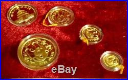 1986-P China GOLD Panda Proof Set, 5 Coins = 1.9oz withOriginal Wood Box & COA