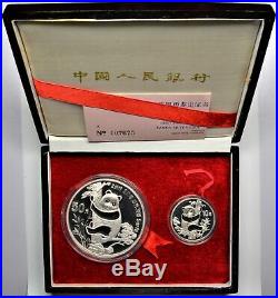 1987 CHINA SILVER PANDA 2 COIN PROOF SET- 1 OZ 10Y & 5 OZ 50Y YUAN With BOX & COA