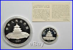 1987 CHINA SILVER PANDA 2 COIN PROOF SET- 1 OZ 10Y & 5 OZ 50Y YUAN With BOX & COA
