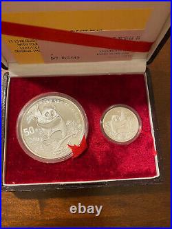 1987 China 2 Silver Coins 5 Oz & 1 Oz Panda Proof Set With Box And Coa