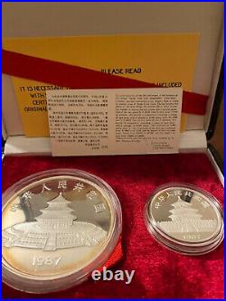 1987 China 2 Silver Coins 5 Oz & 1 Oz Panda Proof Set With Box And Coa