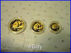 1987 China Gold Panda Box Three Coin Set (5,10,25 Yuan 1/20,1/10,1/4 Ounce)
