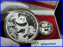 1987 China Panda 2 Coin. 999 Silver Proof Set 10 & 50 Yuan 1 oz, 5 oz with COA