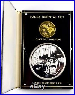 1987 China Panda Hong Tong 1 oz. 999 Gold & Hong Kong 5 oz 99.9% Silver Coin Set
