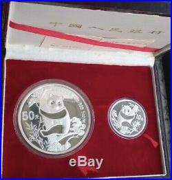 1987 China Panda Proof 2 Coin Set. 999 Silver 5 Oz 50 Yaun 1 Oz 10 Yaun Box Coa