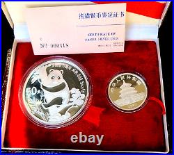 1987 China Panda Two Coin Silver Proof Set 1oz & 5oz 10 & 50 Yuan WithBOX&COA