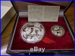 1987 China Silver Panda 1oz 10 & 5oz 50 Yuan 2 Coin Set Orig Capsule, Box & Coa