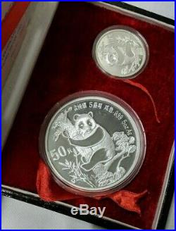1987 China Silver Panda 2 Coin Proof Set 50 Yuan 10 Yuan 5 oz & 1 oz Box & COA