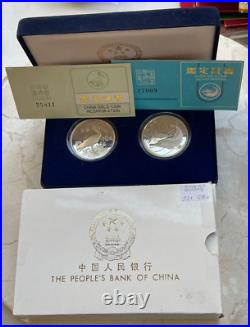 1988 China 10 Yuan Rare Animal 2 Coin Set Ibis & Dolphin Silver Proof