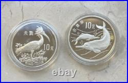 1988 China 10 Yuan Rare Animal 2 Coin Set Ibis & Dolphin Silver Proof