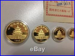 1988 China 999 Gold Panda 5 Coin Proof Set 1 1/2 1/4 1/10 1/20 Oz In Box COA