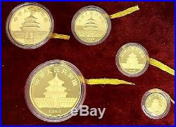 1988 Gold Panda Proof 5 Coin Set MINT Box & COA 1 Oz 1/2 1/4 1/10 1/20 BU