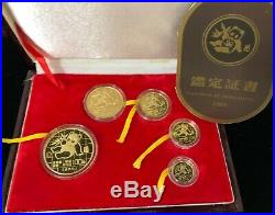1989 China 1.90 oz Gold Panda 5-Coin Proof Set. Original box and certificate