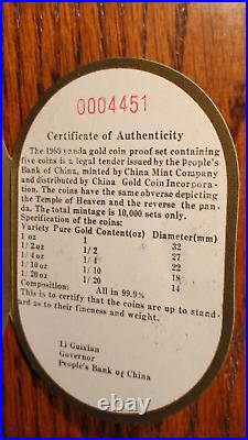 1989 China Panda Set 5 Proof Gold Coins In Original Display Box With Coa