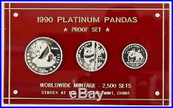 1990 1/2, 1/4, 1/10 oz Chinese Platinum Panda Proof Set of 3 with Box & COA