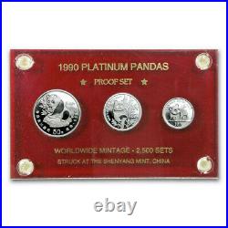 1990 China 3 Coin Platinum Panda Proof Set -RARE Decorated Wood case & holder