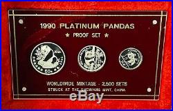 1990 China 3 Coin Platinum Panda Proof Set with OGP & COA