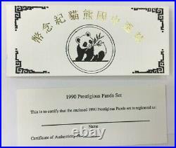 1990 China Panda Gold Silver Platinum 3 Coin Prestigious Set Complete Box Coa