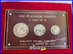 1990 China Panda Proof Platinum 3 Coin Set in Original Mint Packaging & COA