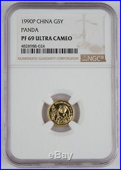 1990 P China 999 Gold Panda 5 Coin Proof Set PF69 UC NGC 1 1/2 1/4 1/10 1/20 Oz