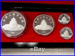 1991 China 10th Anniversary Silver Panda Gem Proof 4 Coin Boxed Set with COA Book