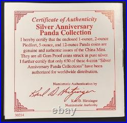 1991 China Proof Silver Panda four piece 10th Anniversary set withbox and COA