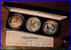 1993 China 3-Coin Panda Set 5Y Copr, 10Y Slvr, 10Y Lrg Date Slvr Prf-PRICE REDUCED