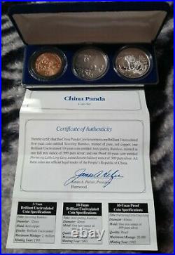 1993 China Panda 3 Coin Set 5&10 Yuan 1 Ounce Silver Coins 1- Red Copper COA