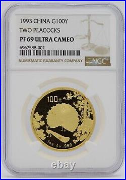 1993 China Two Peacocks Proof Gold & Silver 1 & 5 Oz 3-Coin Set NGC PF69 JP744