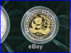 1994 China Prestige Panda PROOF. 999 Gold & Silver 3-Coin Box Set with COA