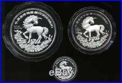 1994 China Unicorn 3 Coins Set on original Capsules (100, 50 and 10 Yuan Silver)