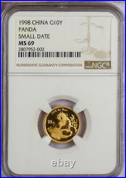 1998 China 5 Coin Gold Panda Set, small date, NGC MS 69