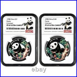 1998 China Colorized Silver Panda 1/2oz 1oz 5+10 Yuan 2-Coin NGC PF69 UC Set