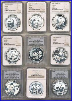 2002 2018 China 10y 18 Oz Silver Panda 18 Coins Perfect Complete Set Ms 70