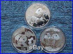 2007-2008-2009 Chinese Silver Panda 10 Yuan BU (Set of Three 1 OZ Coins)