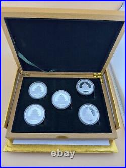 2010-2014, Five 1 oz China Panda Silver Coin Set in Beautiful Presentation Box