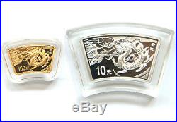 2012 lunar animal dragon fan shape silver gold coin 2pc-set with COA box