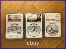 2014-2016 China Silver 1 oz Panda (3) Coin Set MS70 ER Weight Typeset Change