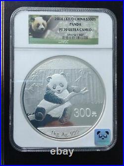 2014 China Panda 1 Kilo, 5 oz, 1 oz Silver Coin with COA NGC PR 70 UC Set