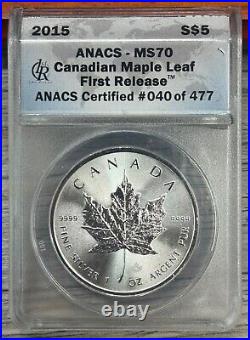 2015 American $1, China 10 Yuan, Canada $5 ANACS MS-70, First Release 3 Coin Set