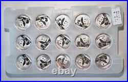 2016 China 1 Oz. Silver 10Y Pandas Set of 15 BU in Capsules and Mint Holder