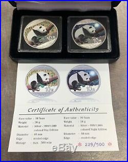 2016 China Panda Day & Night Colorized 2 X 1oz. 999 Silver Coin Set Box & COA