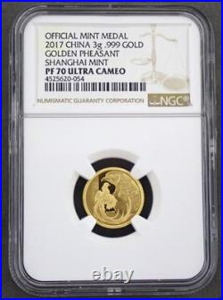 2017 China Golden Pheasant 3-coin set. 2 Silver & 1 Gold coin NGC PF 70 UCAM