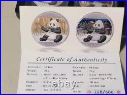2017 China Silver Color Pandas Night & Day Set OGP COA #128 Of Only 500 Minted