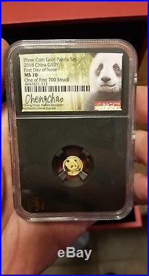 2018 3 COIN GOLD PANDA SET NGC MS70 FIRST DAY OF ISSUE 1 of 1st 700 Signed Cheng